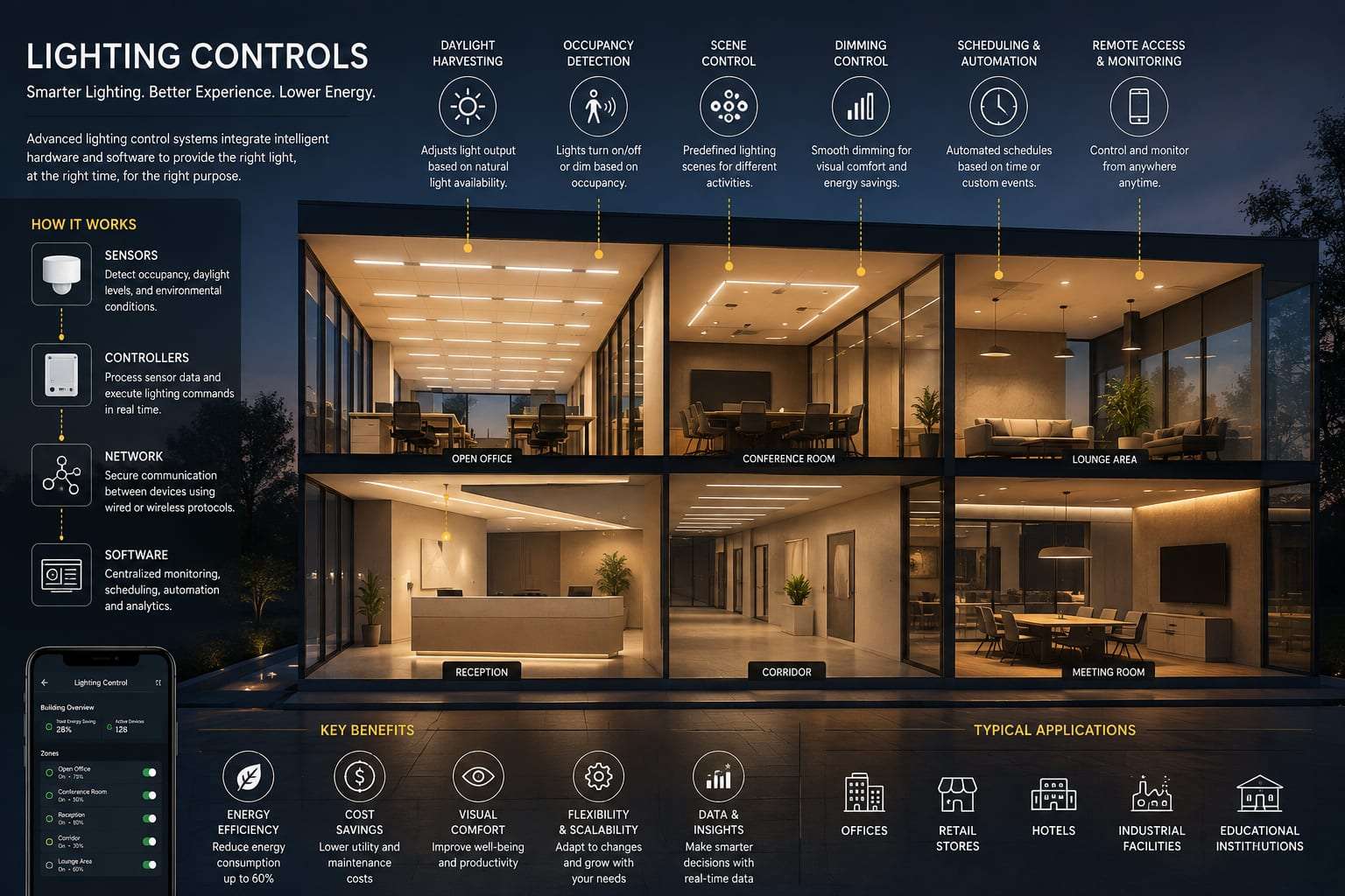 What a control system does across a building: daylight harvesting, occupancy sensing, scenes, dimming, scheduling and remote access