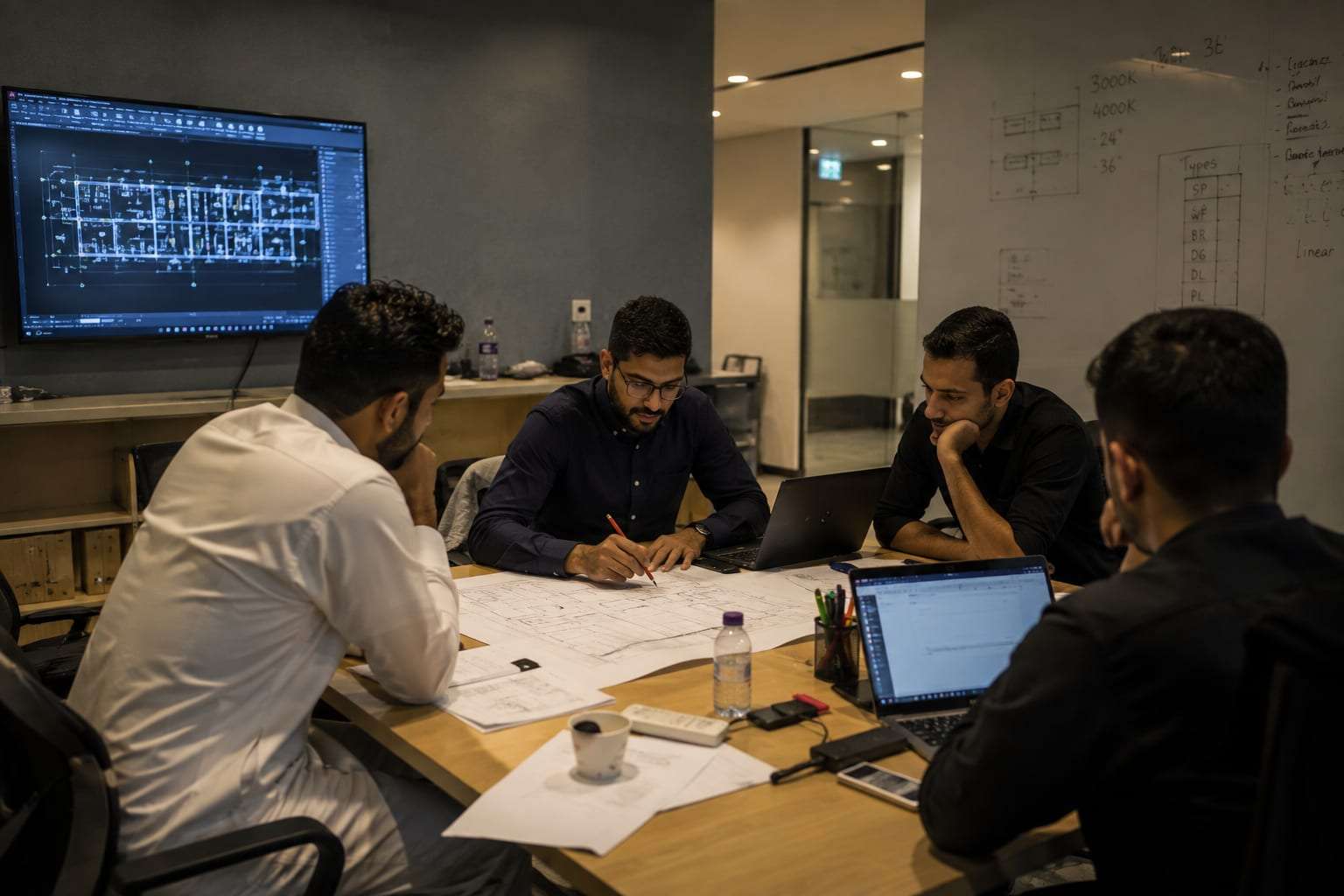A lighting package worked through in the office: the layout on screen, the drawings on the table, the fitting types and colour temperatures on the board