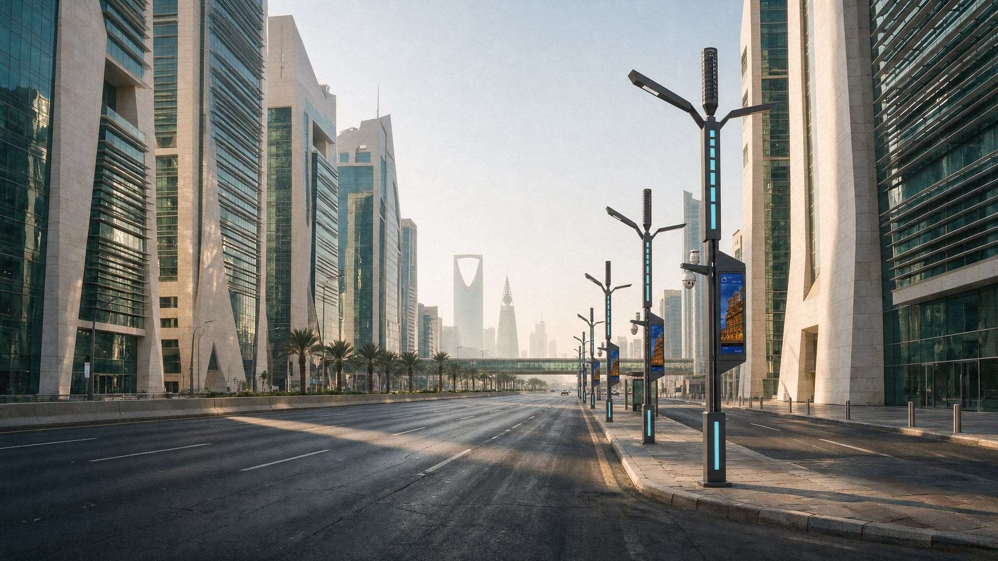 A Riyadh street at sunrise, its smart poles carrying light, cameras and signage