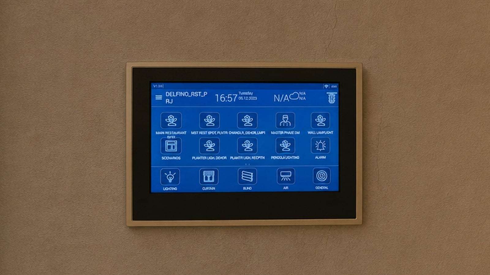 The KNX control screen at Delfino Mayfair, Riyadh, with the restaurant's lighting scenes, curtain, blind and air control on one interface